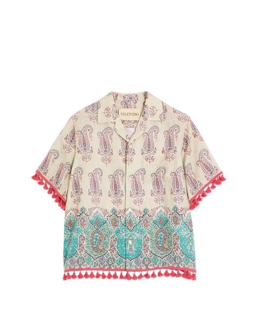 Valentino Garavani Gray Lightweight Linen Bowling Shirt With Voyage Imaginaire Print for men