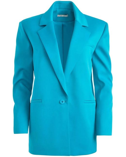 Alice + Olivia Blue Shan Padded-Shoulder Rolled-Sleeve Blazer