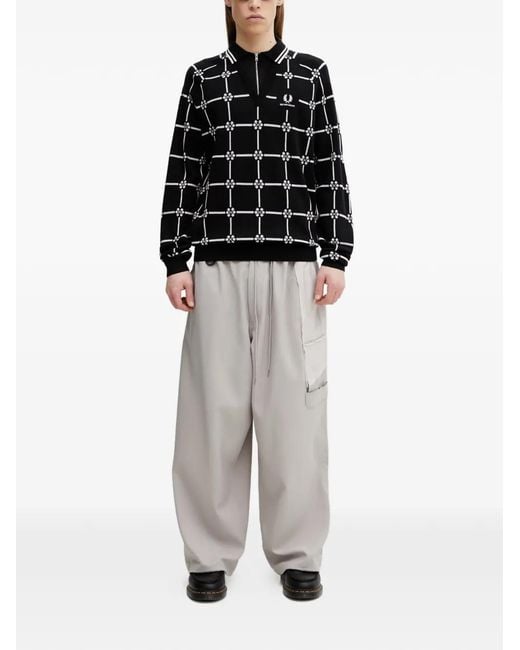 Fred Perry Black Geometric-Pattern V-Neck Sweater for men
