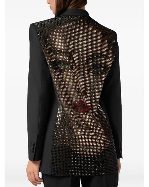 Philipp Plein Black Wool Blazer Boyfriend Fit Face Strass