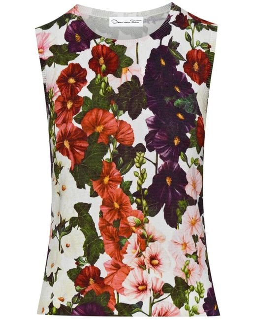 Oscar de la Renta Red Hollyhocks Floral-Print Tank Top