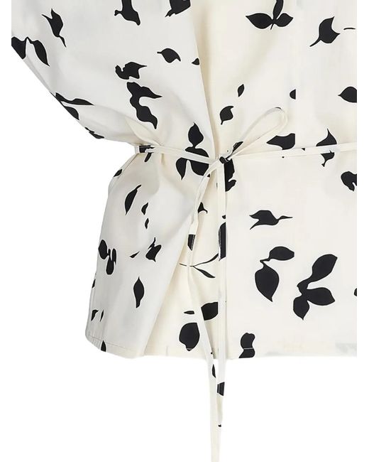 Alysi White Leaf-Print Tie Blouse