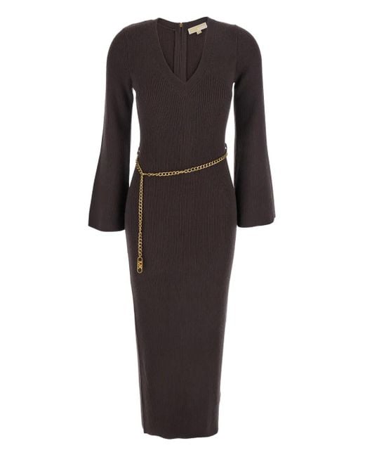 Michael Kors Black Ribbed chain-belt midi dress