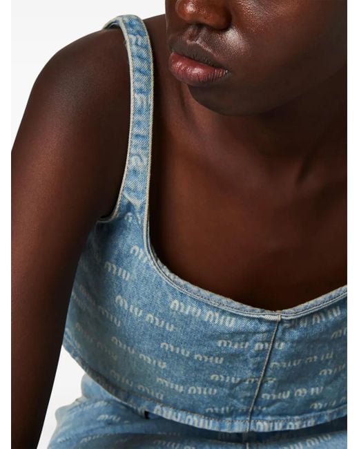 Miu Miu Blue Logo-Print Denim Crop Top
