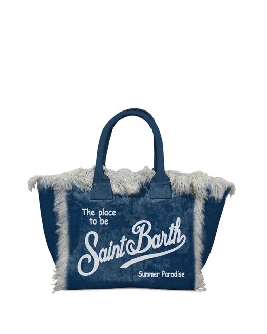 Mc2 Saint Barth Blue Vanity Fringed Denim Tote Bag