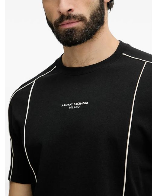 ARMANI EXCHANGE Black Piping-Detail Logo-Print T-Shirt for men