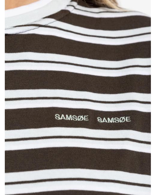 Samsøe & Samsøe Black Embroidered-Logo Striped-Pattern T-Shirt