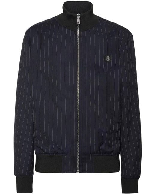Billionaire Blue Wool Pinstripe Bomber Jacket for men