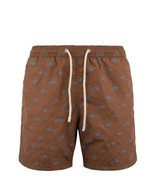 Mc2 Saint Barth Brown Shark-Print Drawstring Swim Shorts for men