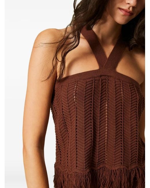 Twinset Brown Knit Top With Fringes