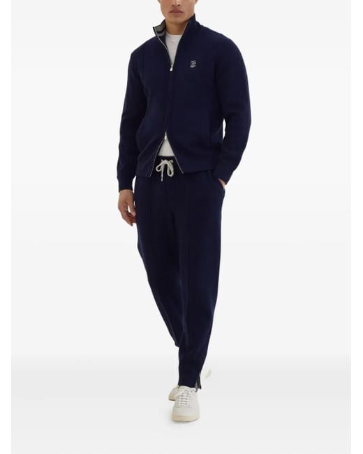 Brunello Cucinelli Blue Zip-Front Embroidered-Logo Cardigan for men
