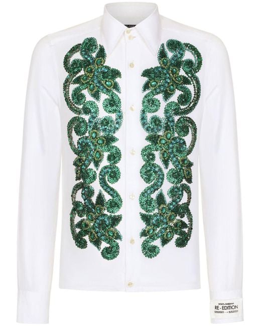 Dolce & Gabbana Green Embroidered Poplin Shirt for men