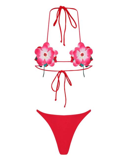 Amir Slama Red Flower-Embellished Triangle Bikini