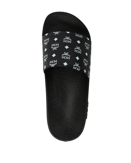 MCM Black Monogram-Print Slides