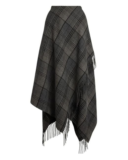 Ralph Lauren Gray Fringed Plaid Wrap Midi Skirt