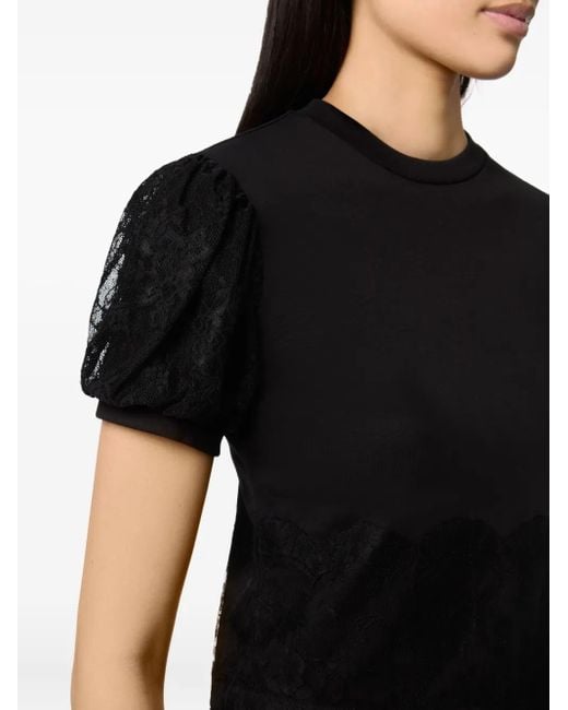 Nina Ricci Black Lace-Trimmed Puff-Sleeve Top