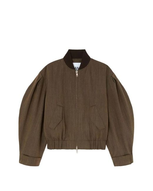Ganni Brown Mélange-Effect Puff-Sleeve Bomber Jacket