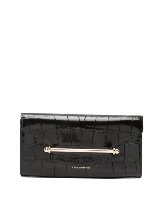 Strathberry Black Croc-Effect Bar-Detail Wallet