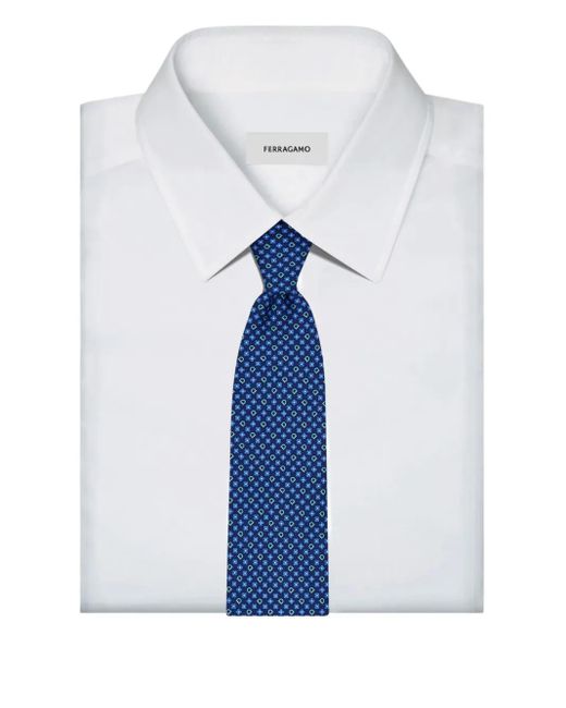 Ferragamo Blue Gancini Flower Print Silk Tie for men