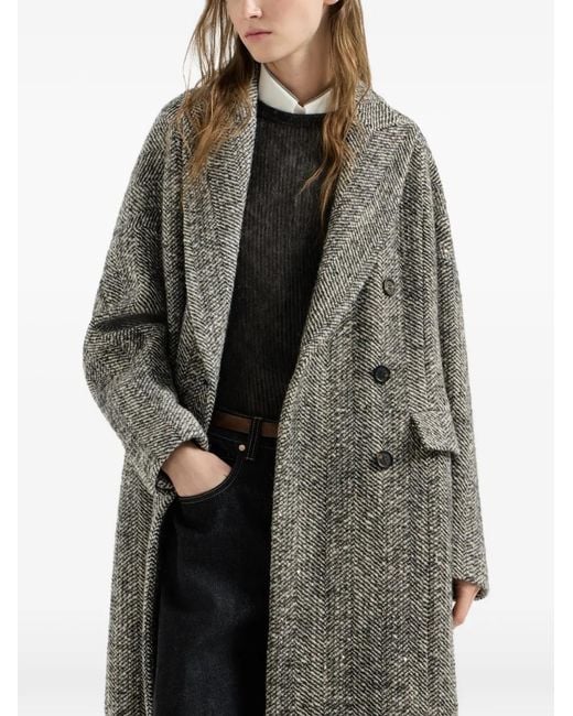 Brunello Cucinelli Gray Dazzling Virgin Wool And Alpaca Chevron Coat With Monili