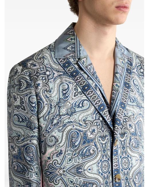 Etro Blue Single-Breasted Silk Jacket With Placed Pocket-Square Paisley Print for men