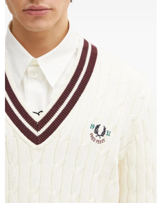 Pull En Maille Torsadée À Col V Fred Perry pour homme en coloris White