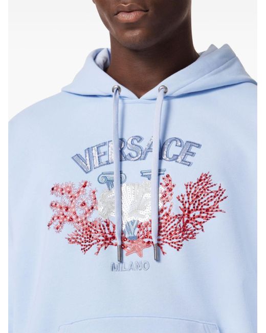 Versace Blue University Coral Embroidered Hoodie for men