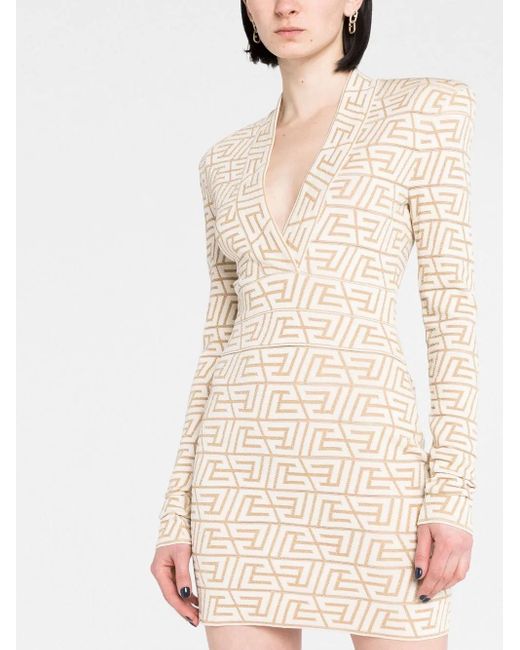 Balmain Natural Monogram-Jacquard Mini Dress