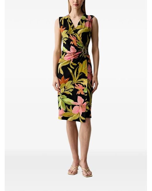 Joseph Ribkoff Black Floral-Print Wrap-Style Mini Dress