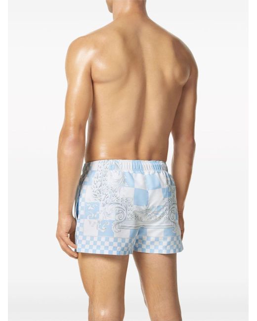 Versace Blue Baroque-print Checked Swim Shorts for men