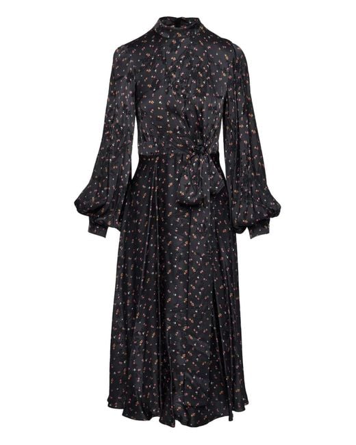 Nissa Black Printed Tie-Detail Midi Dress
