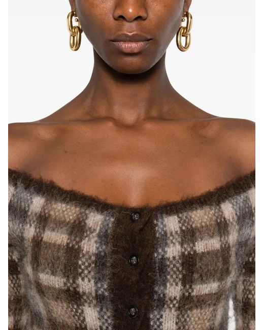 Nanushka Brown Off-Shoulder Check Cardigan