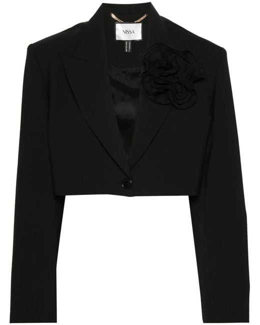 Nissa Black Floral-Appliqué Single-Breasted Blazer