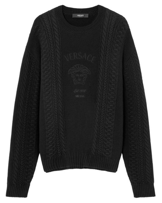 Versace Bestickter Pullover mit Zopfmuster in Black für Herren