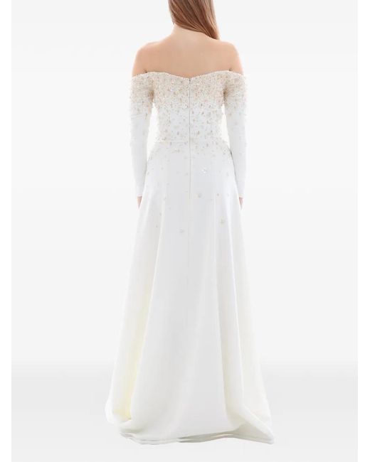 Dina Melwani White Pearl Crystal Embellished Gown
