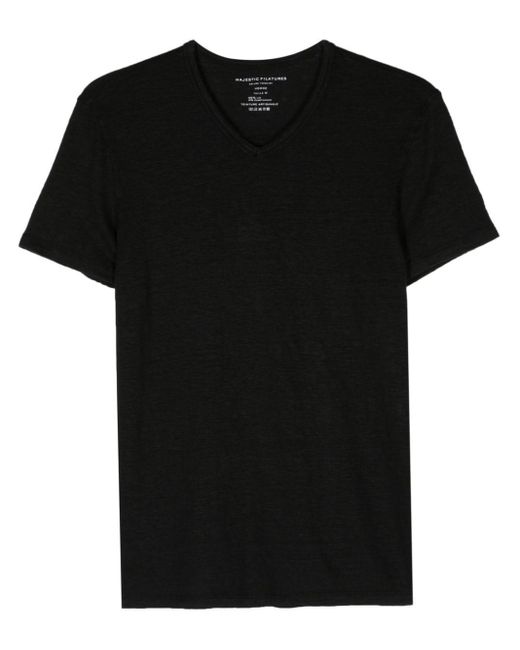 Majestic Filatures Black V-neck Linen T-shirt for men