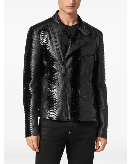 Philipp Plein Black Python Leather Biker Jacket for men