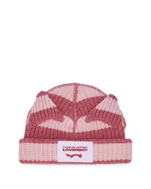 Charles Jeffrey Red Chunky Ears Striped Knit Beanie Hat