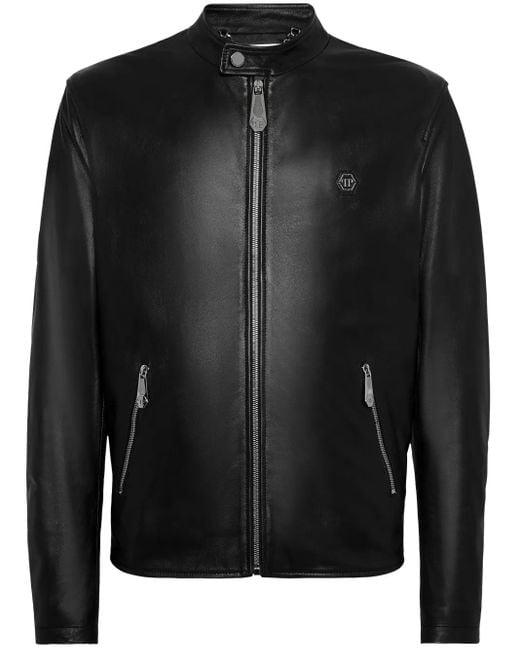 Philipp Plein Black Leather Jacket for men