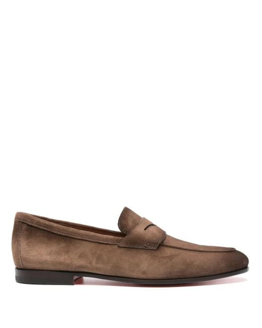 Santoni Brown Penny-Slot Suede Loafers for men