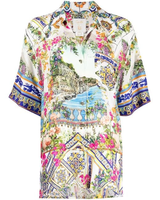 Camilla Blue Graphic-Print Silk Shirt
