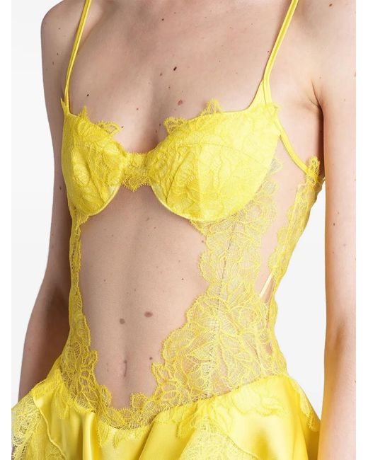 David Koma Yellow Lace-Trimmed Peplum-Waist Dress