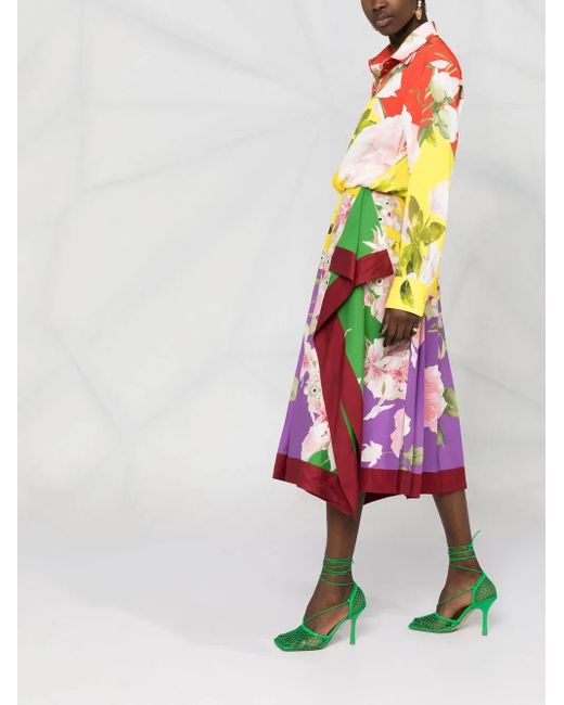Valentino Garavani Red Pleated Floral-Print Midi Dress