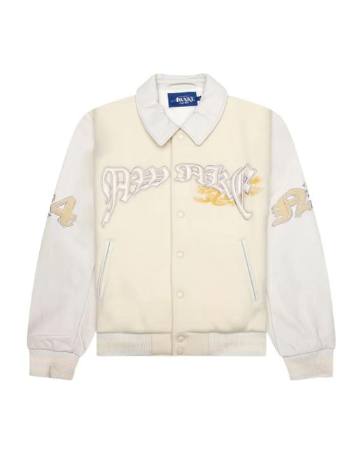 AWAKE NY White Dragon-Embroidered Varsity Jacket for men