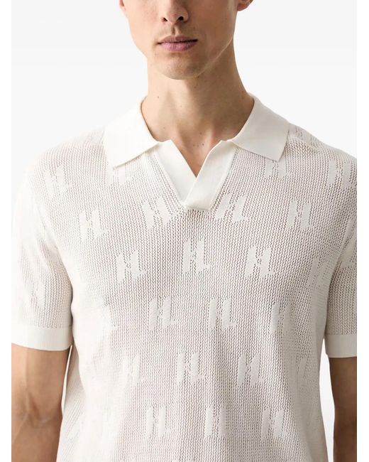 Karl Lagerfeld White Monogram-Knit Open-Collar Polo Shirt for men