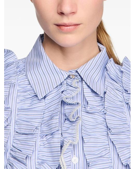 Sandro Blue Striped-Pattern Ruffled Blouse
