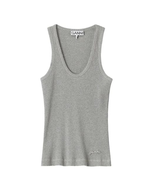 Ganni Gray Ribbed-Knit Logo-Embroidered Tank Top
