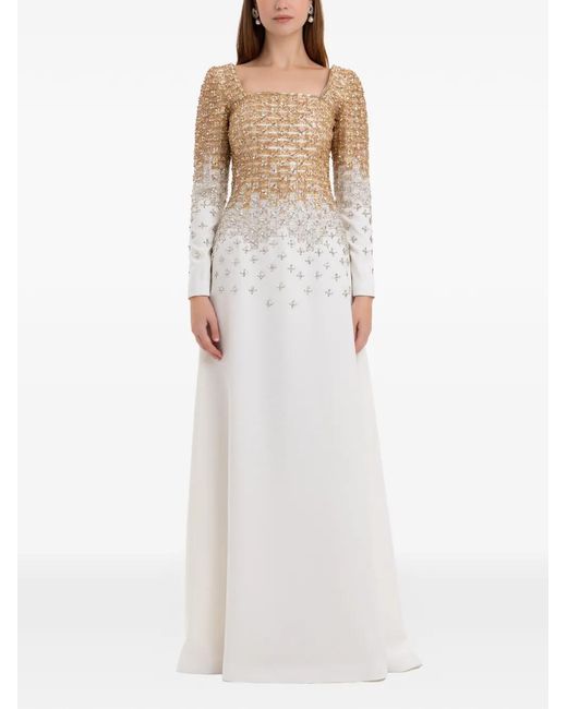 Dina Melwani White Ombré Crystal-Embroidered Gown