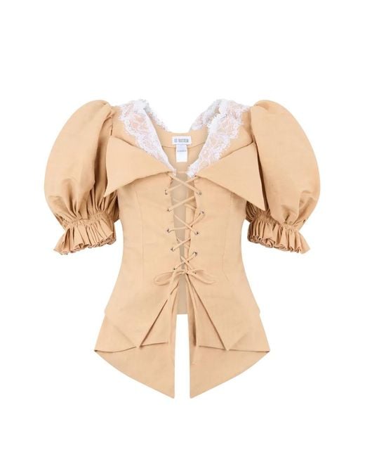 LES FILLES D'EVA Natural Lace-Trimmed Puff-Sleeve Top
