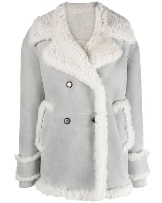 Thom Browne Gray Double-Breasted Shearling Peacoat